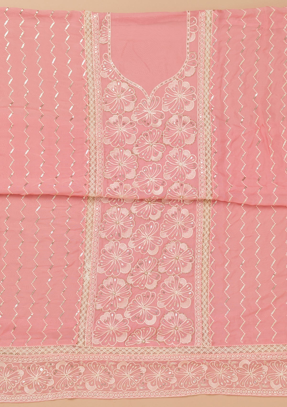 Pink Threadwork Semi Crepe Unstitched Salwar Suit-Koskii