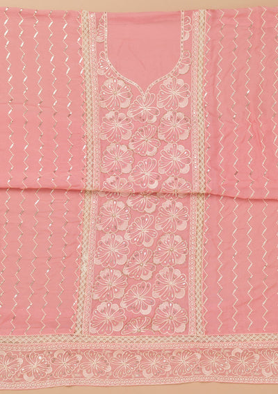 Pink Threadwork Semi Crepe Unstitched Salwar Suit-Koskii