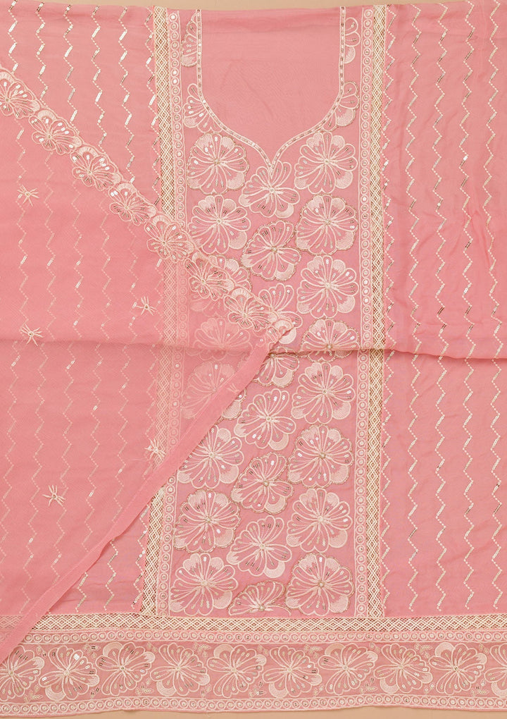 Pink Threadwork Semi Crepe Unstitched Salwar Suit-Koskii