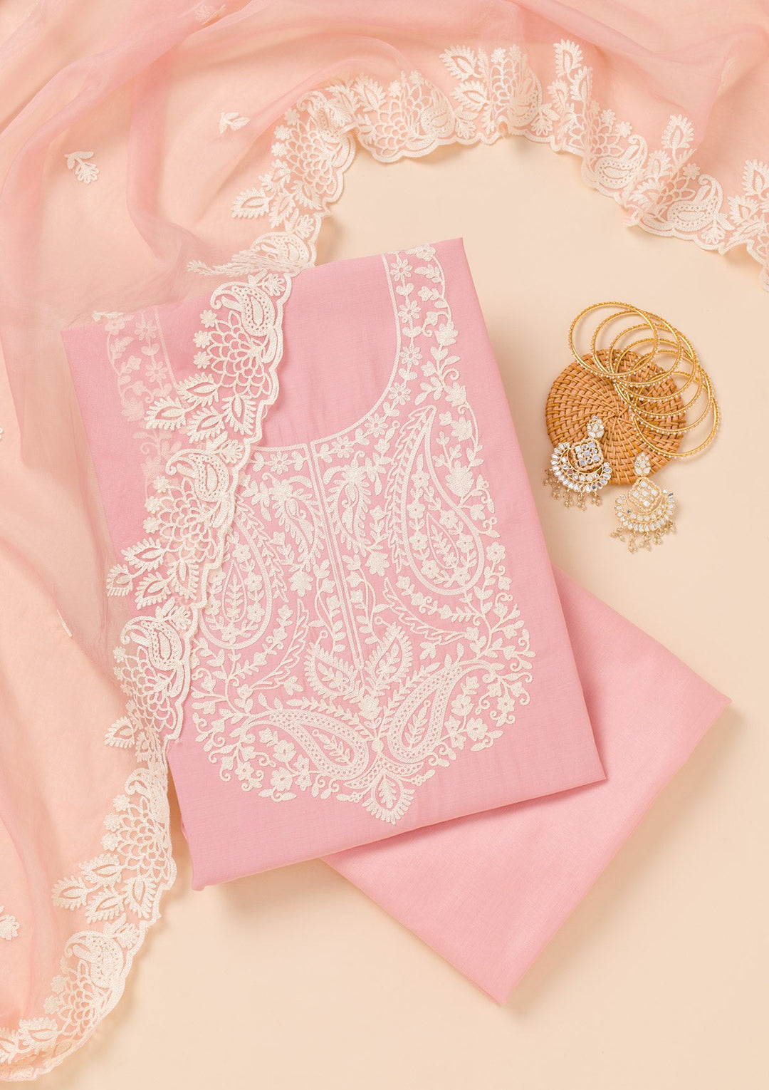 Pink Threadwork Semi Crepe Unstitched Salwar Suit-Koskii