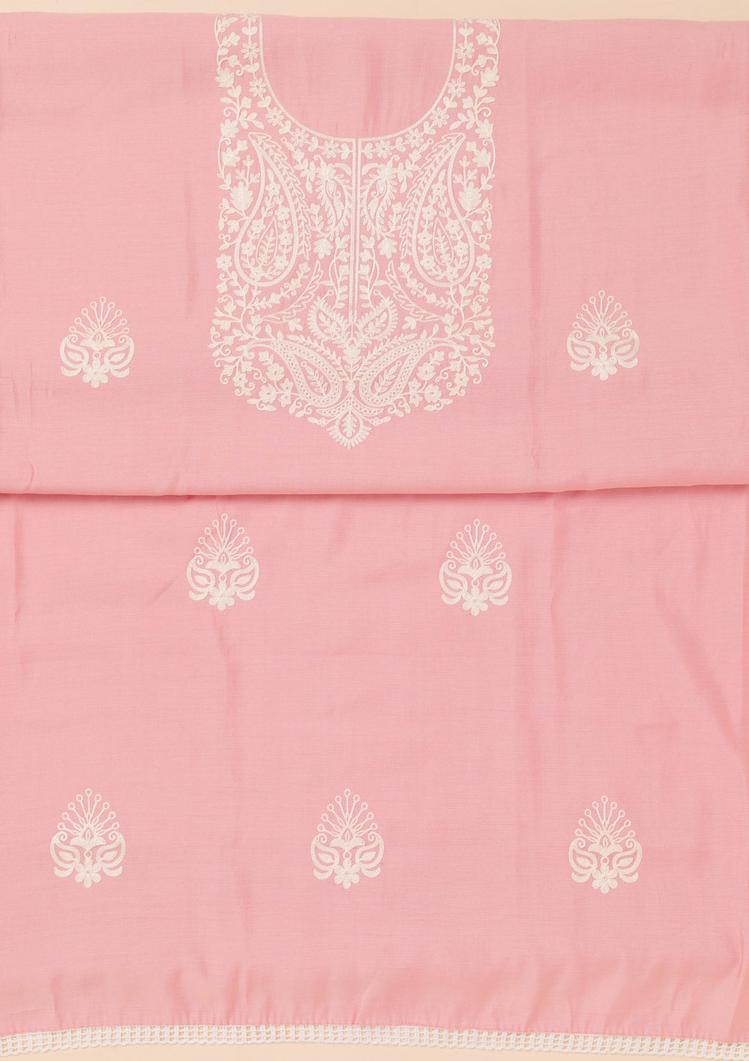 Pink Threadwork Semi Crepe Unstitched Salwar Suit-Koskii