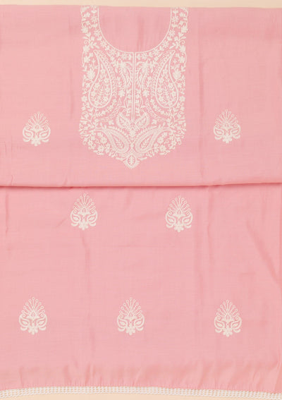 Pink Threadwork Semi Crepe Unstitched Salwar Suit-Koskii