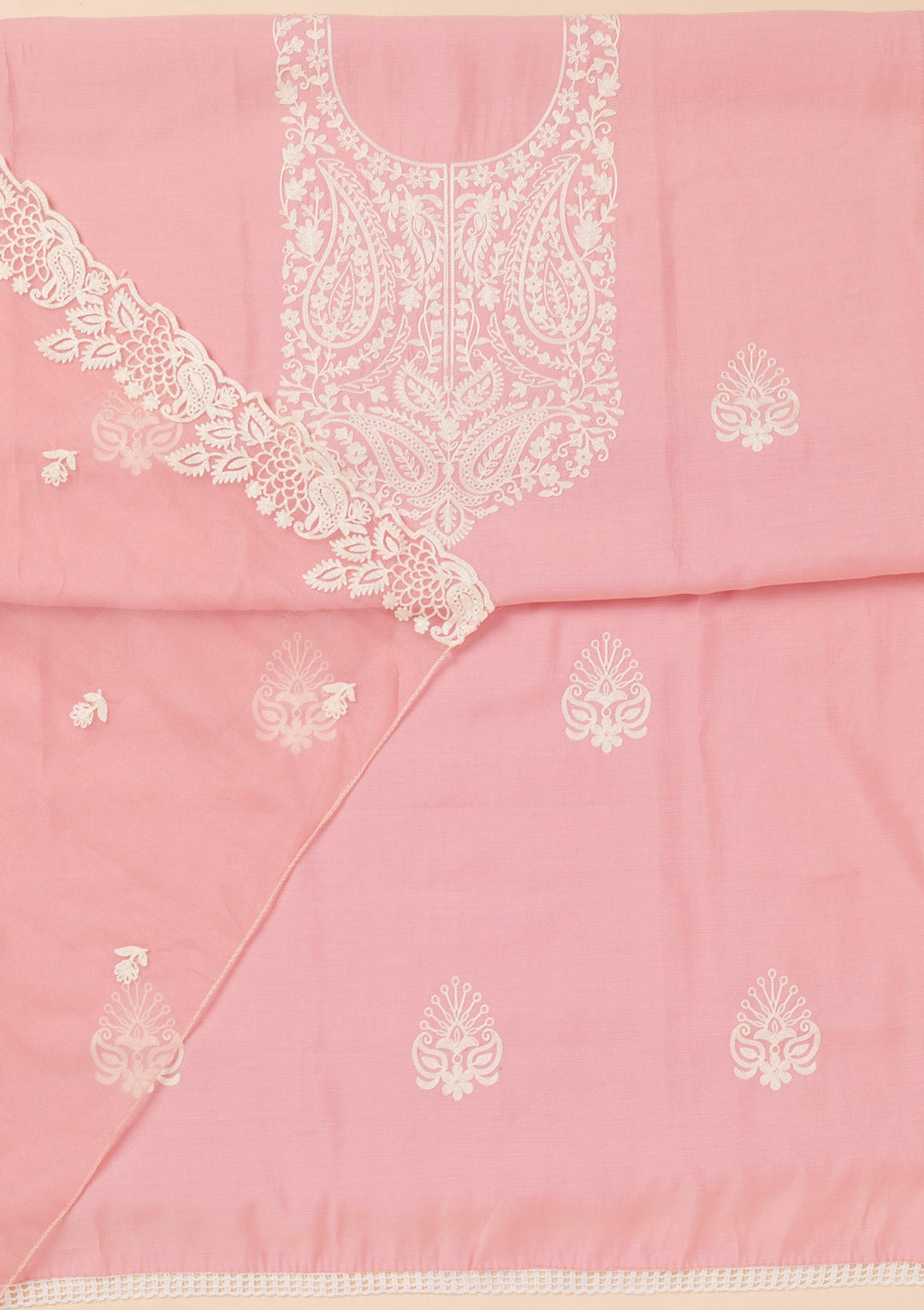 Pink Threadwork Semi Crepe Unstitched Salwar Suit-Koskii