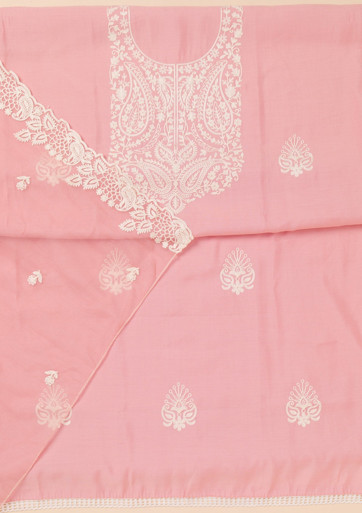 Pink Threadwork Semi Crepe Unstitched Salwar Suit-Koskii