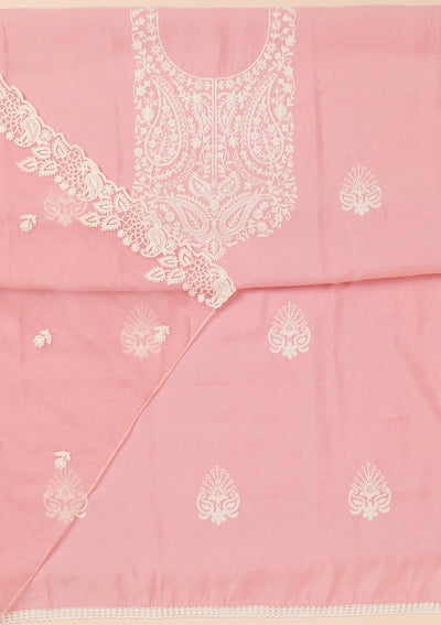 Pink Threadwork Semi Crepe Unstitched Salwar Suit-Koskii