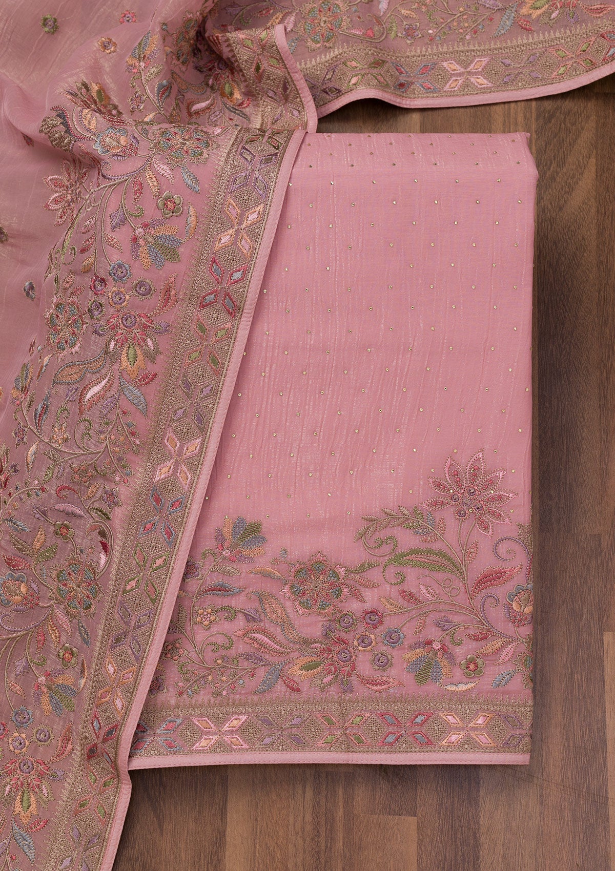 Pink Threadwork Semi Crepe Unstitched Salwar Suit-Koskii