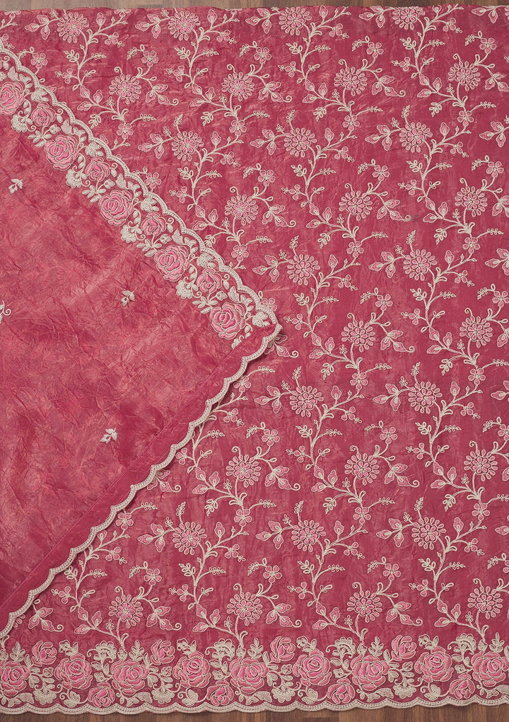 Pink Threadwork Semi Crepe Unstitched Salwar Suit-Koskii