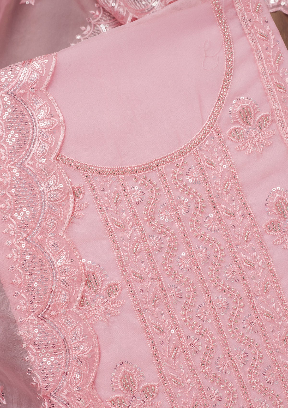 Pink Threadwork Semi Crepe Unstitched Salwar Suit-Koskii