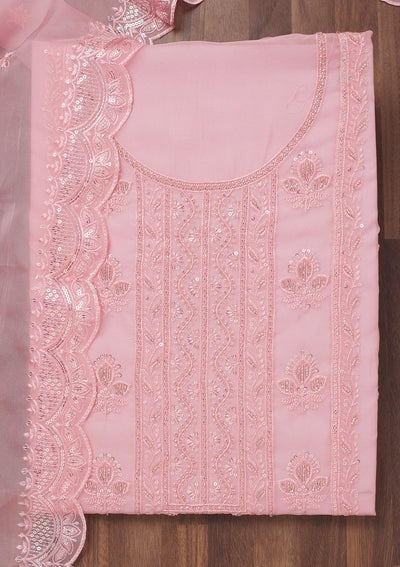 Pink Threadwork Semi Crepe Unstitched Salwar Suit-Koskii