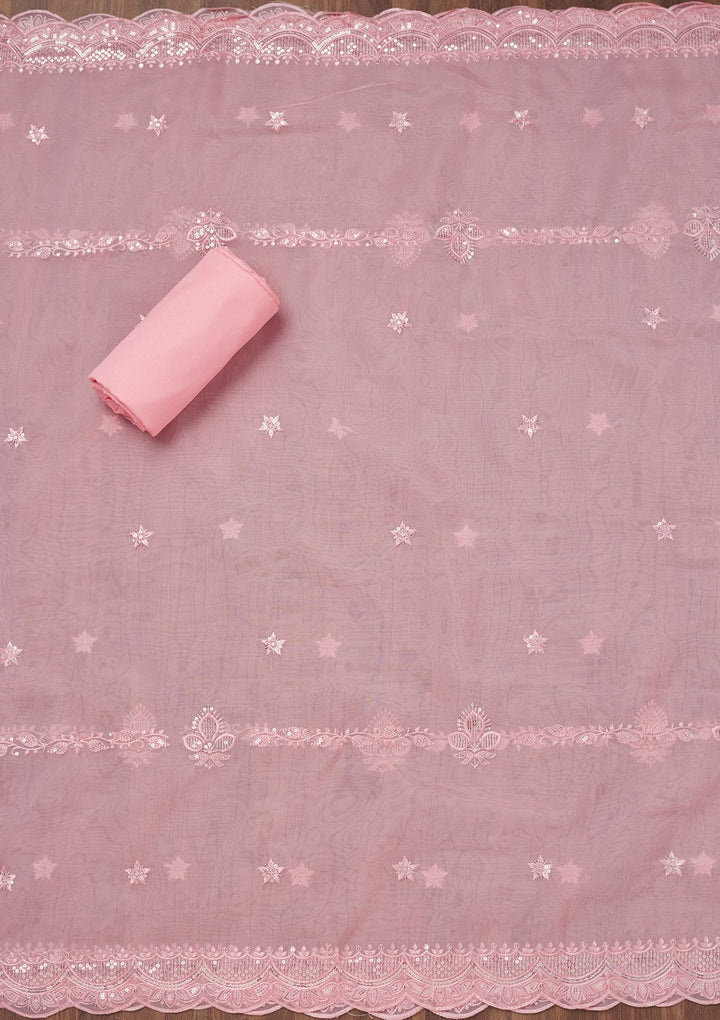 Pink Threadwork Semi Crepe Unstitched Salwar Suit-Koskii