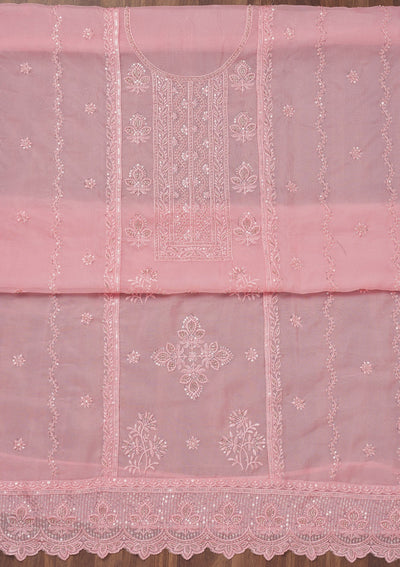 Pink Threadwork Semi Crepe Unstitched Salwar Suit-Koskii