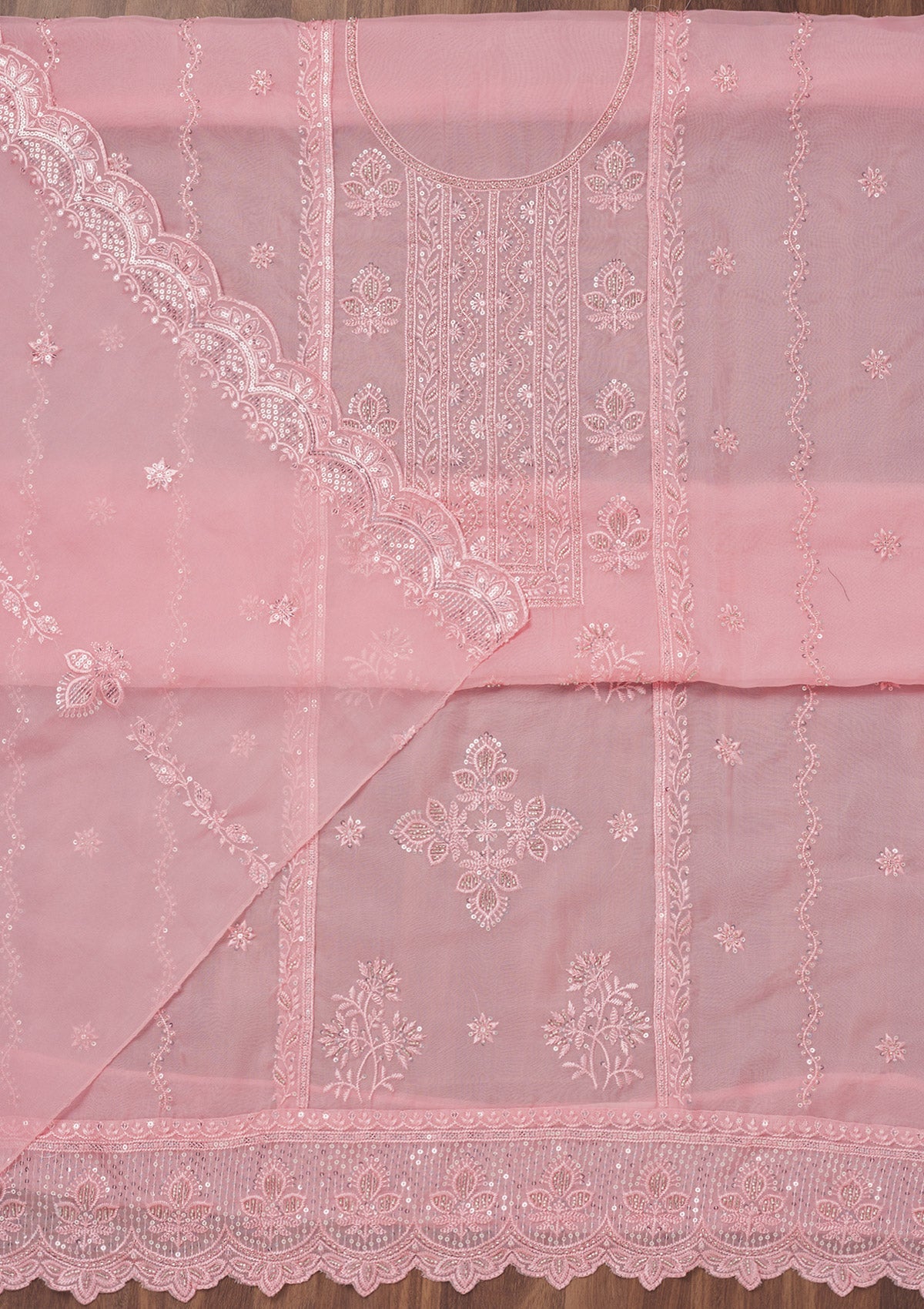 Pink Threadwork Semi Crepe Unstitched Salwar Suit-Koskii