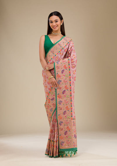 Pink Threadwork Soft Silk Saree-Koskii