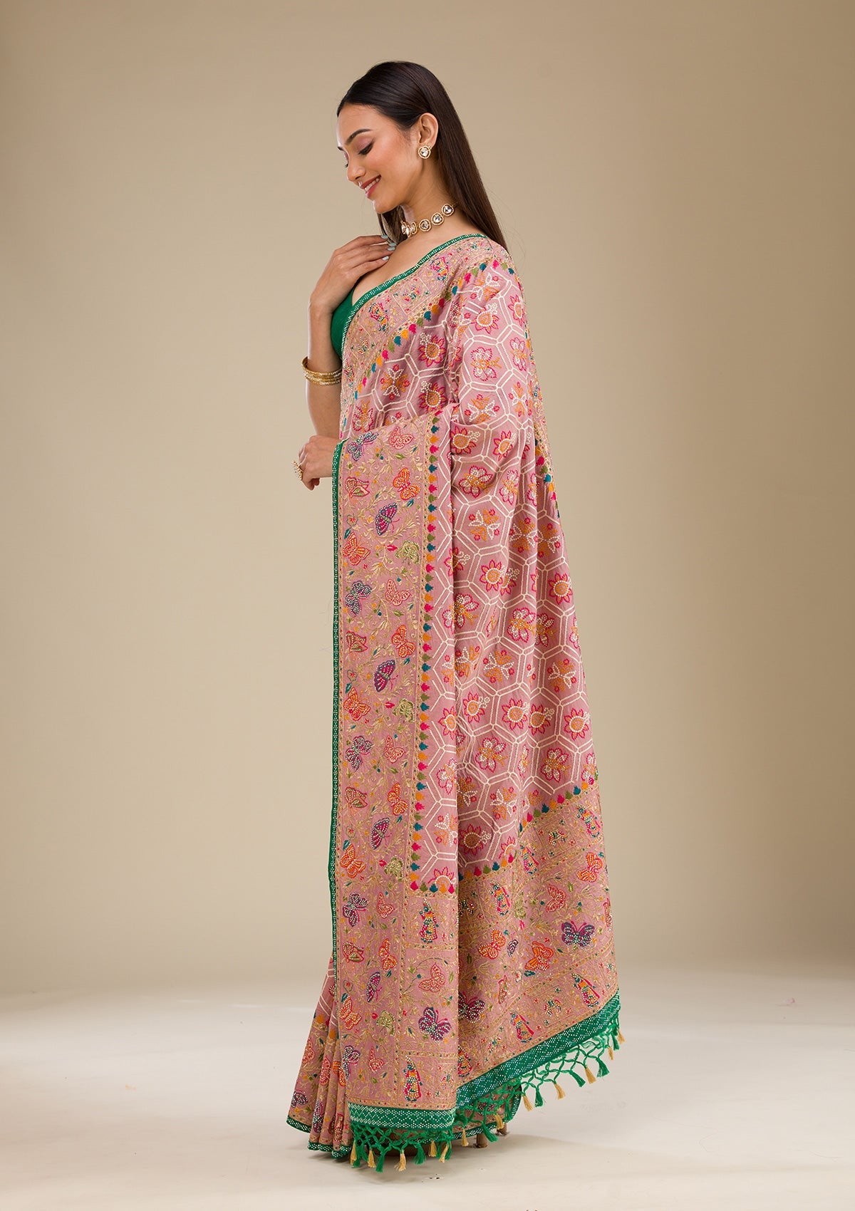 Pink Threadwork Soft Silk Saree-Koskii