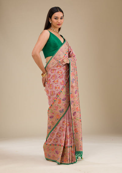 Pink Threadwork Soft Silk Saree-Koskii