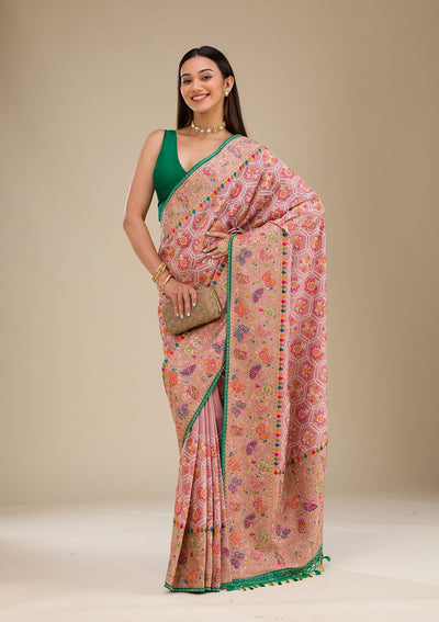 Pink Threadwork Soft Silk Saree-Koskii