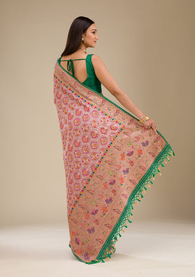 Pink Threadwork Soft Silk Saree-Koskii