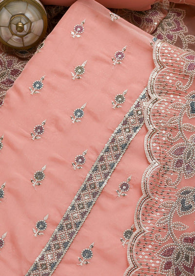 Pink Threadwork Tissue Unstitched Salwar Suit-Koskii