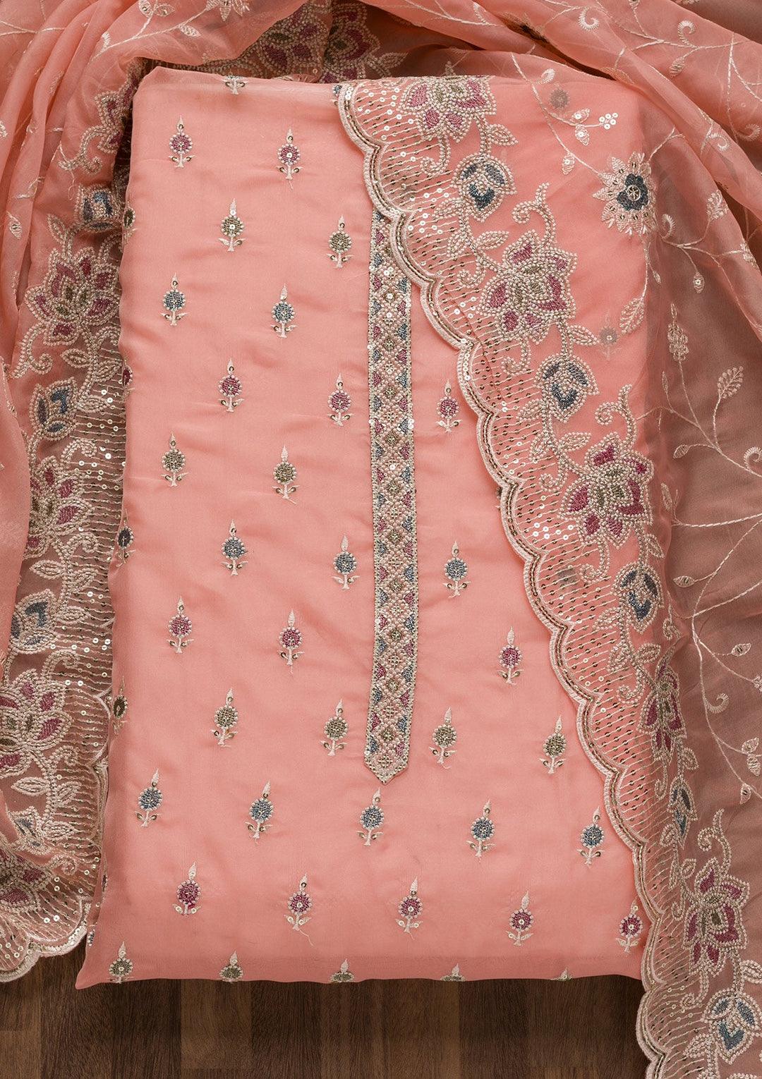Pink Threadwork Tissue Unstitched Salwar Suit-Koskii