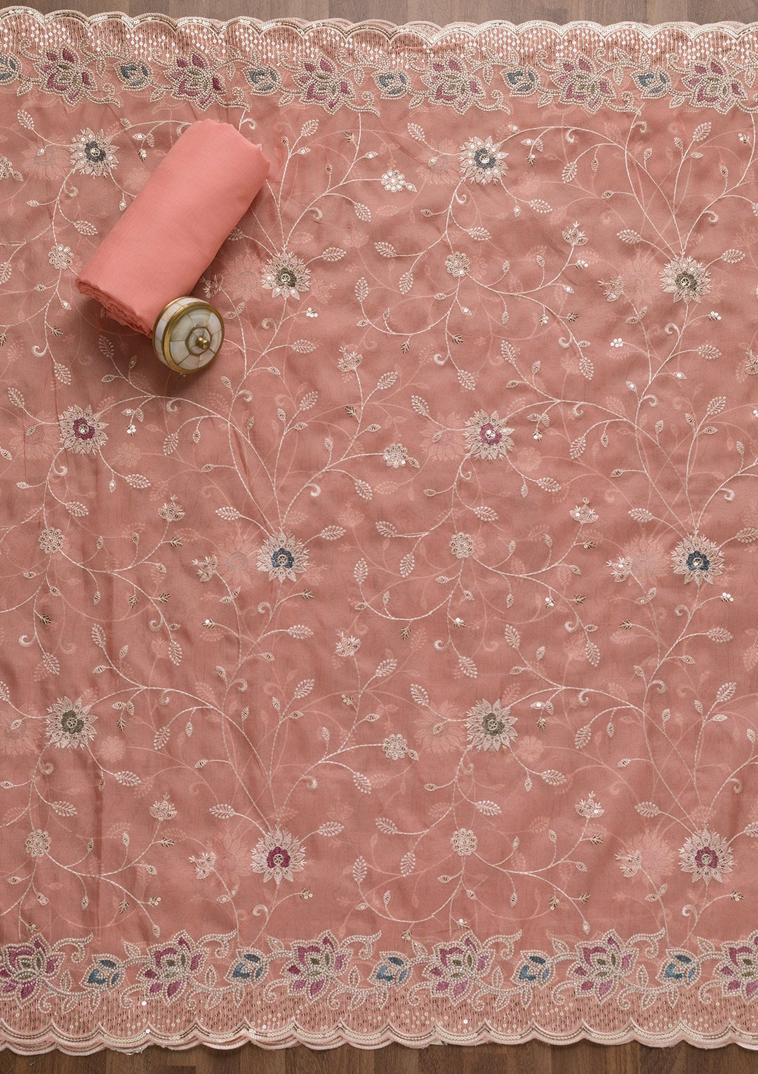 Pink Threadwork Tissue Unstitched Salwar Suit-Koskii