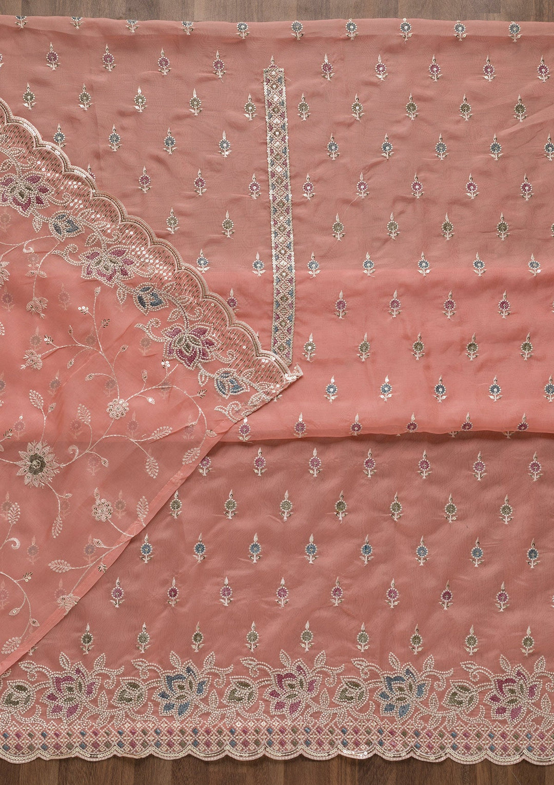 Pink Threadwork Tissue Unstitched Salwar Suit-Koskii