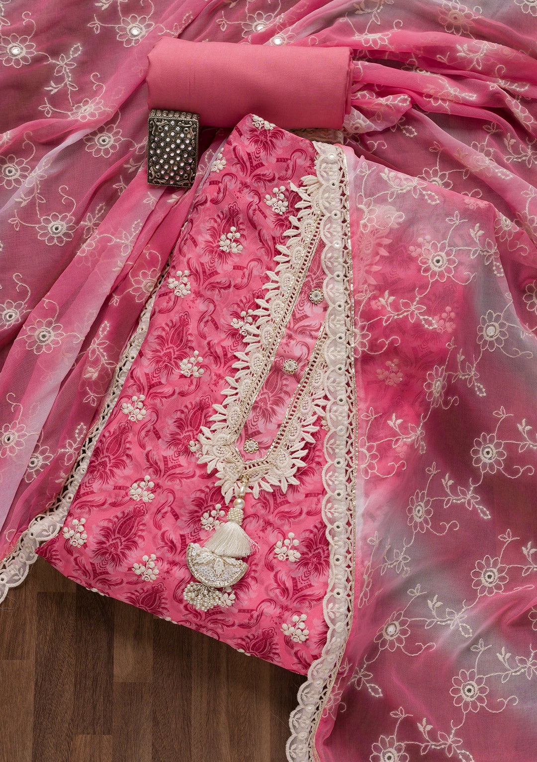 Pink Threadwork Tissue Unstitched Salwar Suit-Koskii