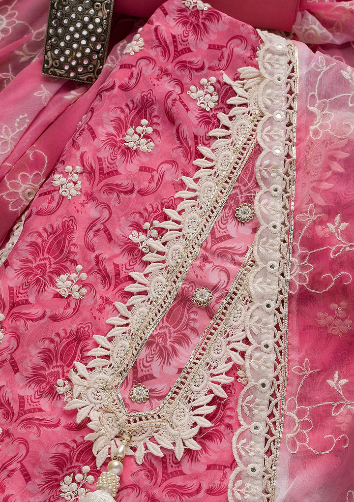 Pink Threadwork Tissue Unstitched Salwar Suit-Koskii