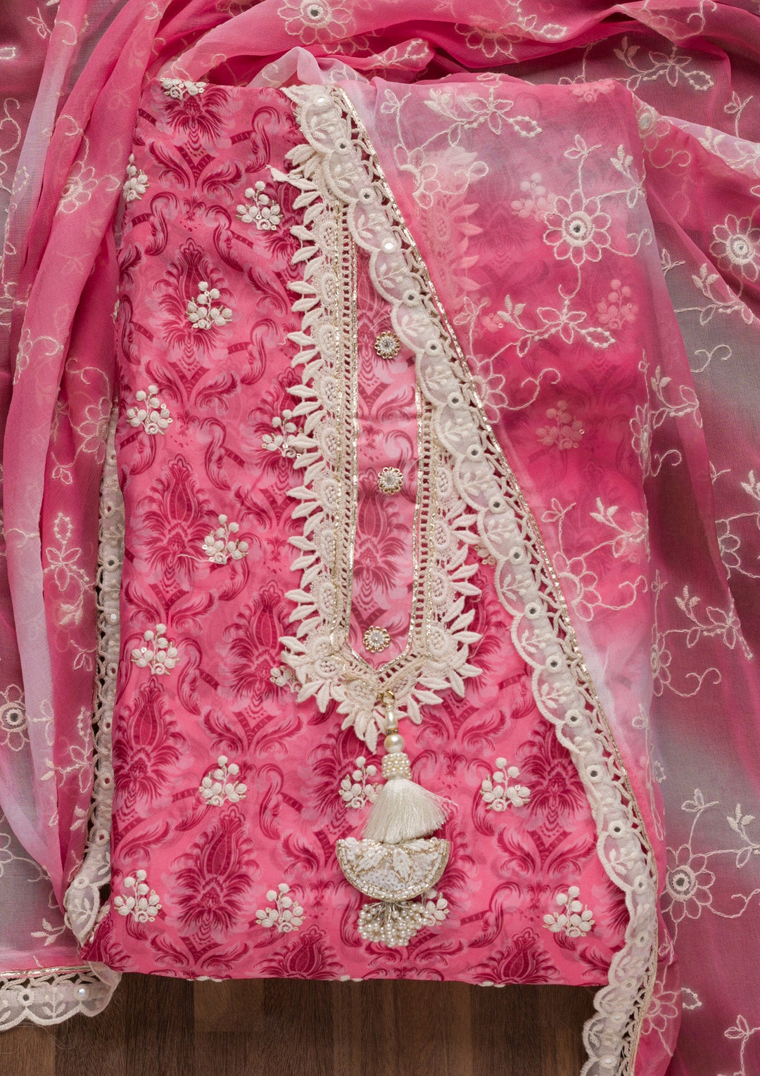 Pink Threadwork Tissue Unstitched Salwar Suit-Koskii