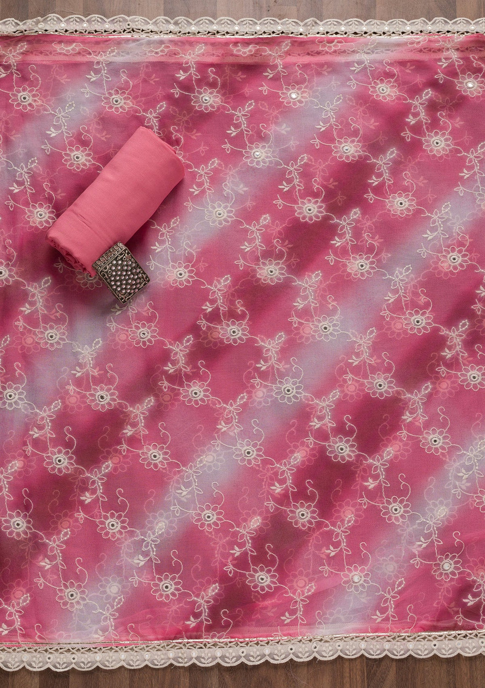 Pink Threadwork Tissue Unstitched Salwar Suit-Koskii