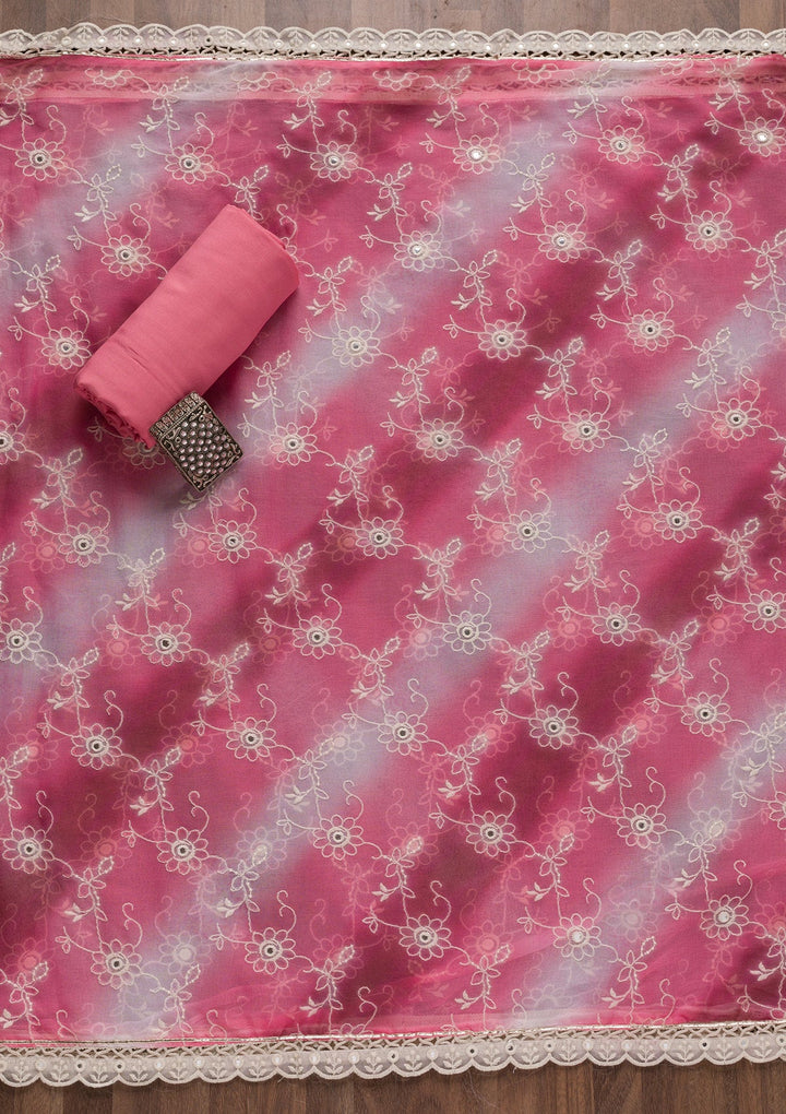 Pink Threadwork Tissue Unstitched Salwar Suit-Koskii