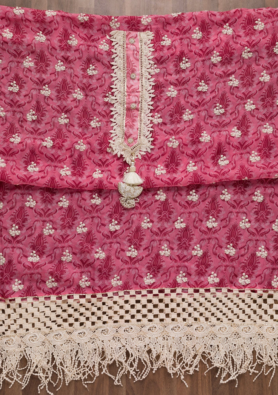 Pink Threadwork Tissue Unstitched Salwar Suit-Koskii