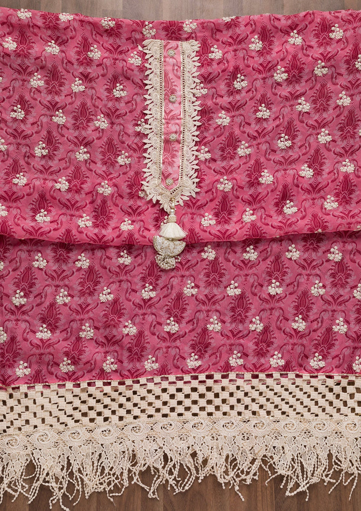 Pink Threadwork Tissue Unstitched Salwar Suit-Koskii