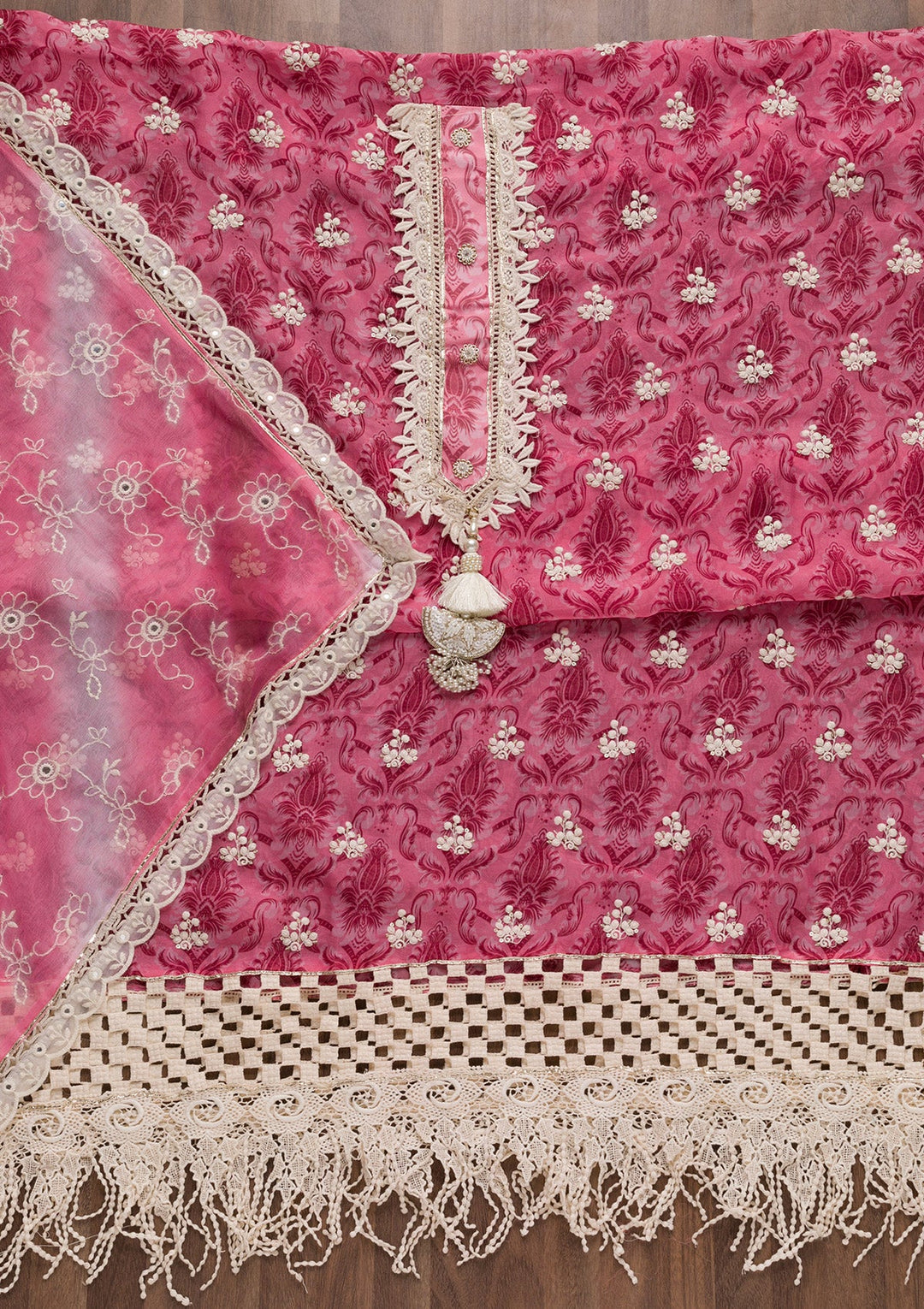 Pink Threadwork Tissue Unstitched Salwar Suit-Koskii