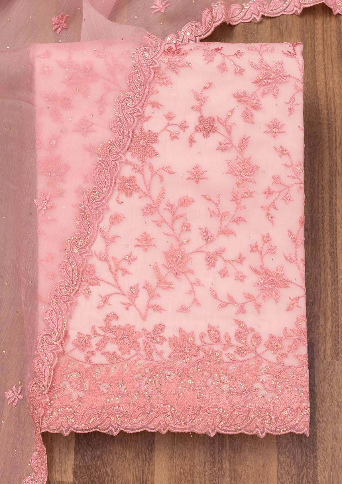 Pink Threadwork Tissue Unstitched Salwar Suit-Koskii