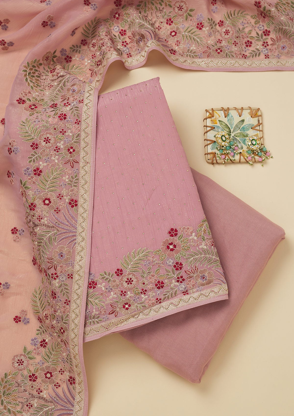Pink Threadwork Tissue Unstitched Salwar Suit-Koskii