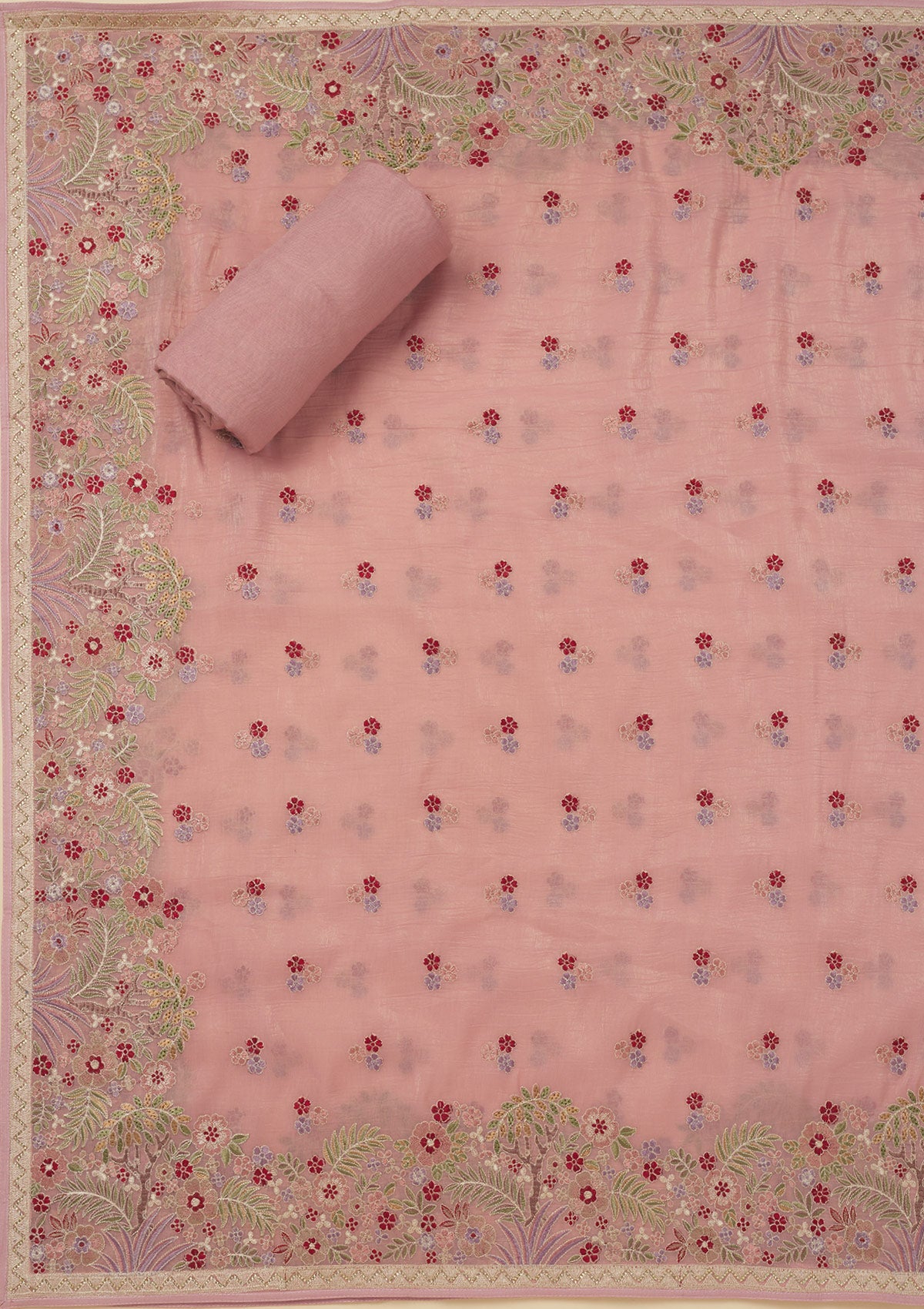 Pink Threadwork Tissue Unstitched Salwar Suit-Koskii