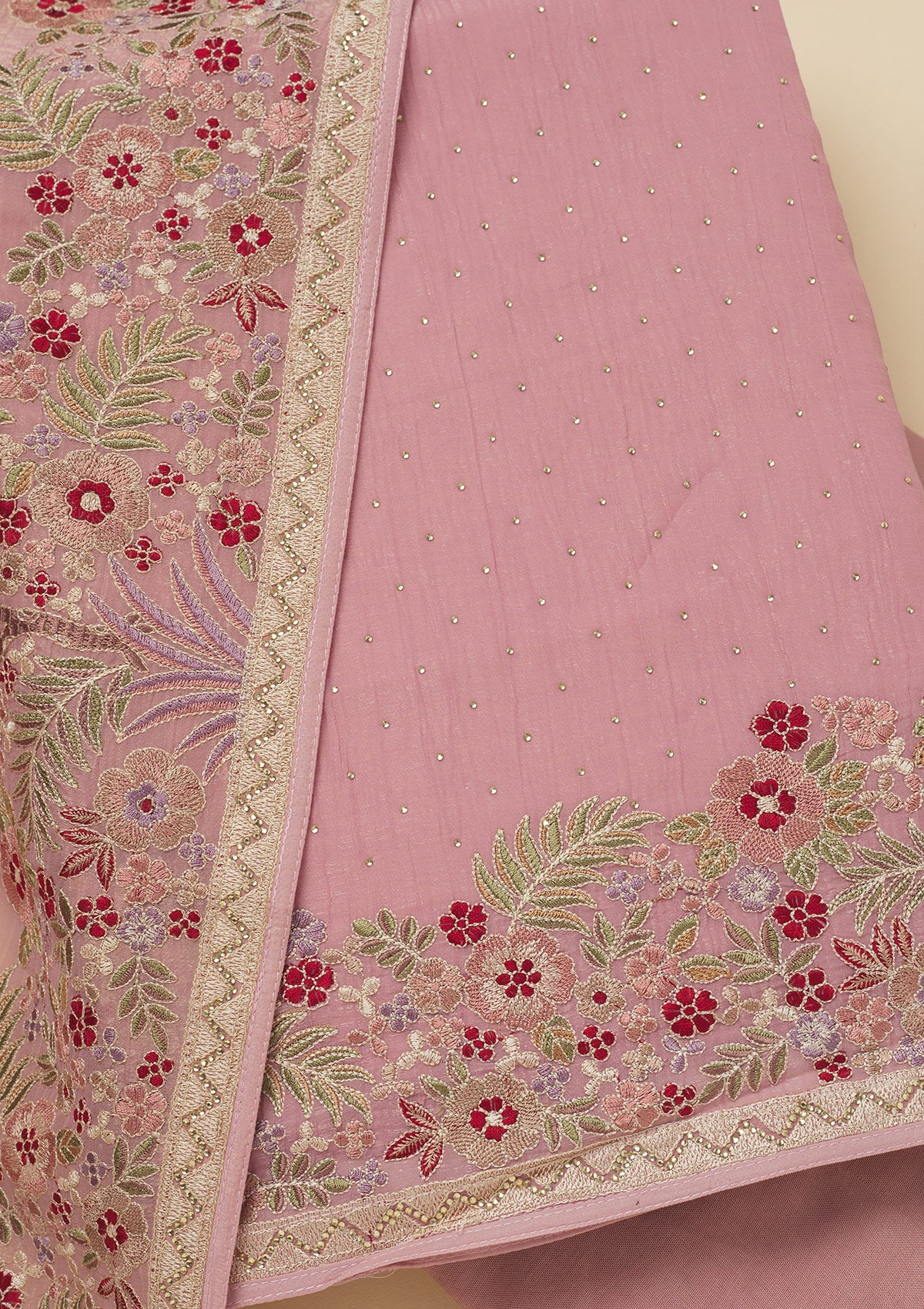 Pink Threadwork Tissue Unstitched Salwar Suit-Koskii