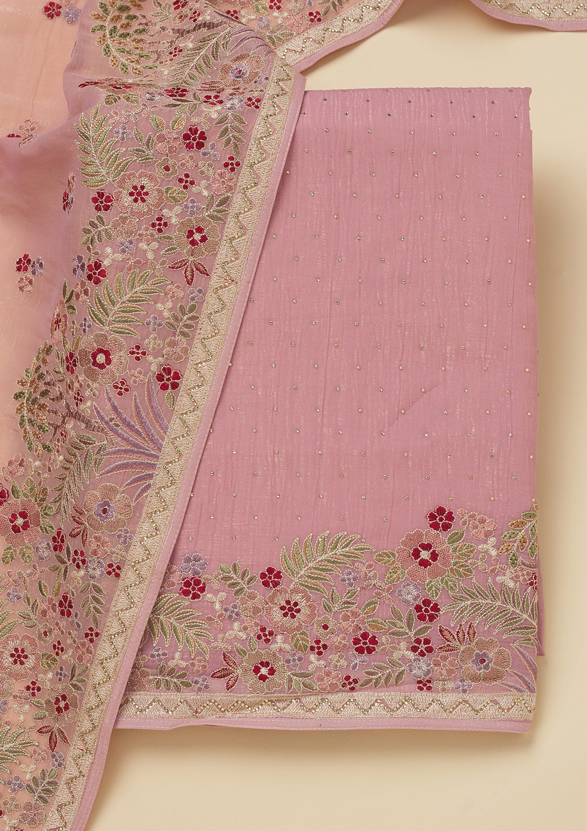 Pink Threadwork Tissue Unstitched Salwar Suit-Koskii