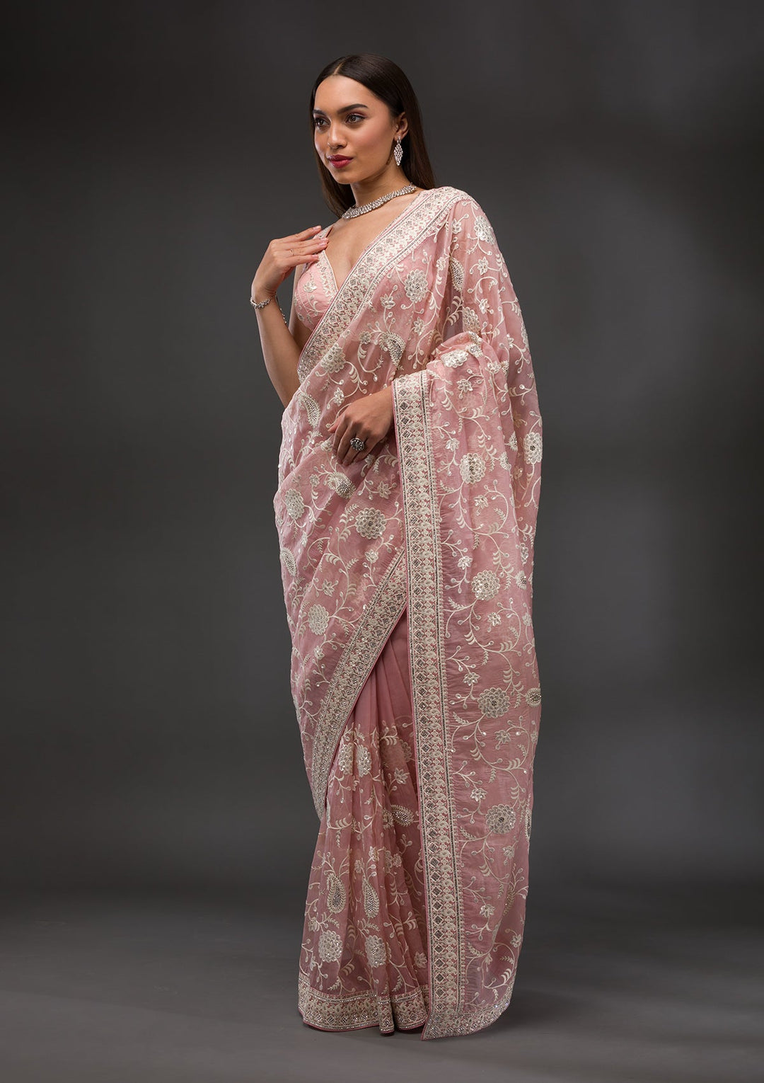 Pink Threadwork Tissue Saree-Koskii