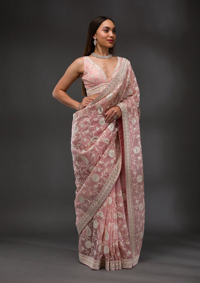 Pink Threadwork Tissue Saree-Koskii