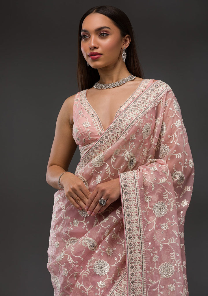 Pink Threadwork Tissue Saree-Koskii