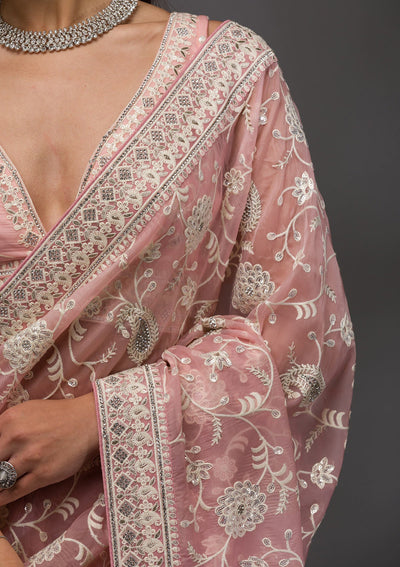 Pink Threadwork Tissue Saree-Koskii
