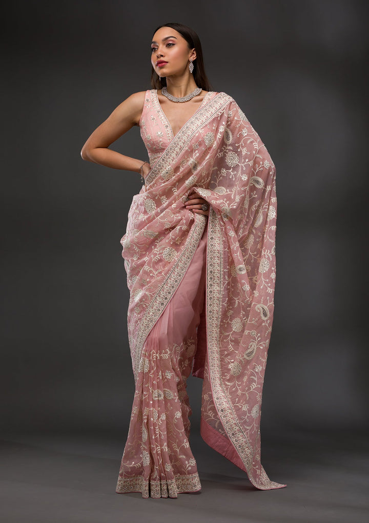 Pink Threadwork Tissue Saree-Koskii