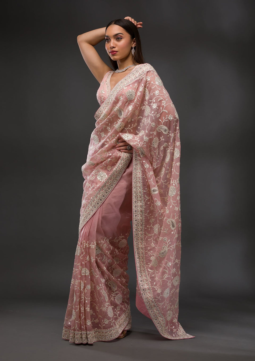 Pink Threadwork Tissue Saree-Koskii