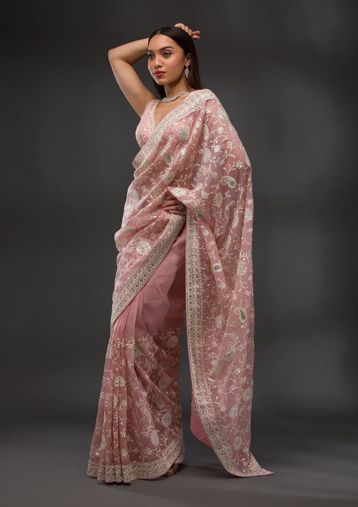 Pink Threadwork Tissue Saree-Koskii