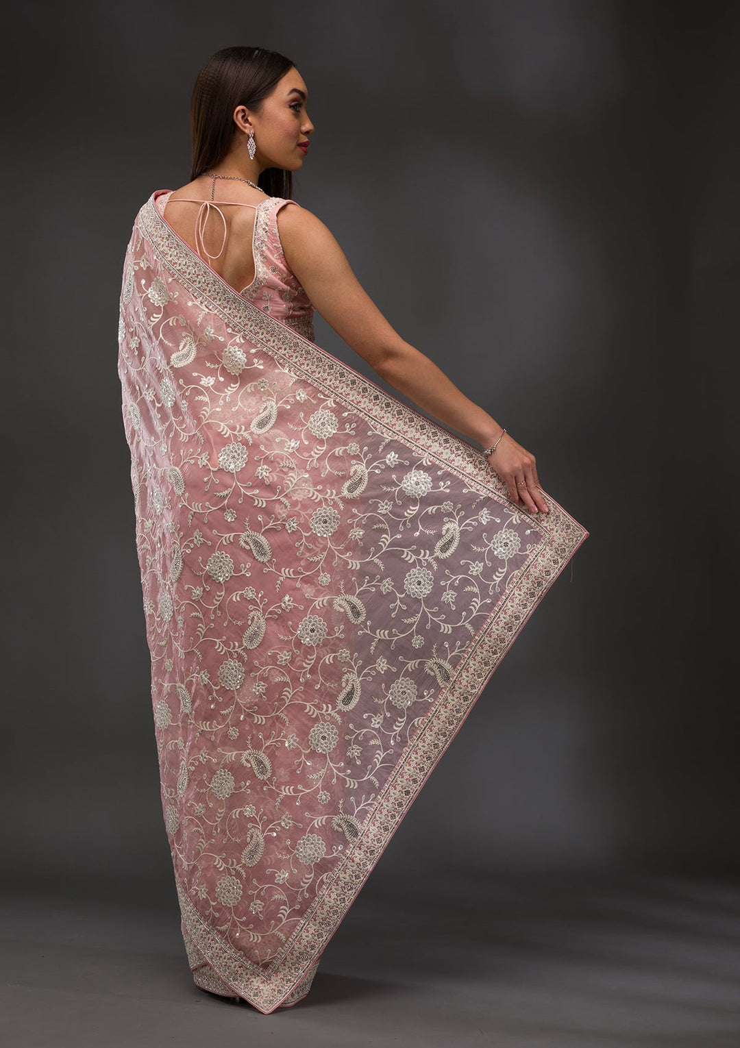 Pink Threadwork Tissue Saree-Koskii