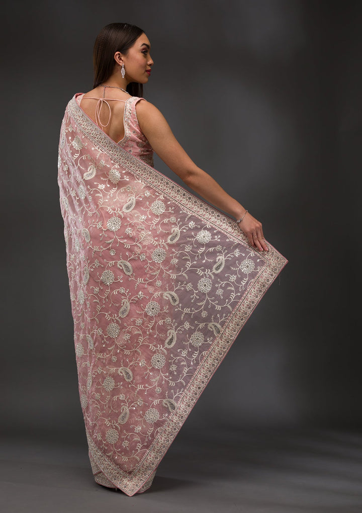 Pink Threadwork Tissue Saree-Koskii