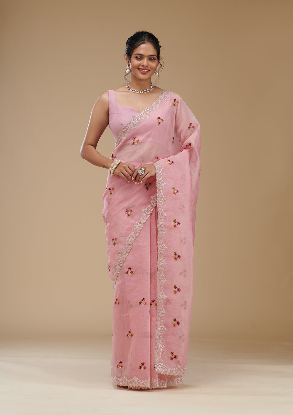 Pink Threadwork Tissue Saree-Koskii