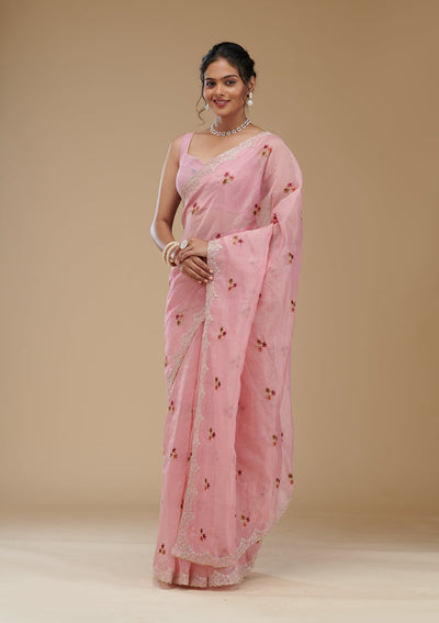 Pink Threadwork Tissue Saree-Koskii