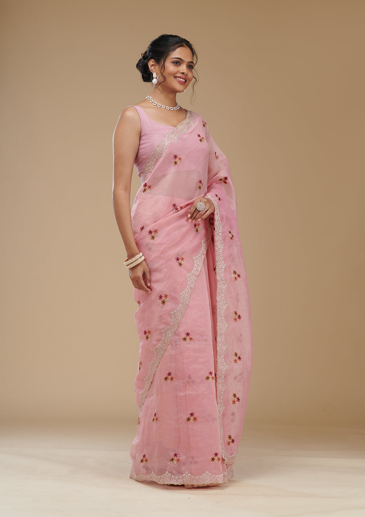 Pink Threadwork Tissue Saree-Koskii